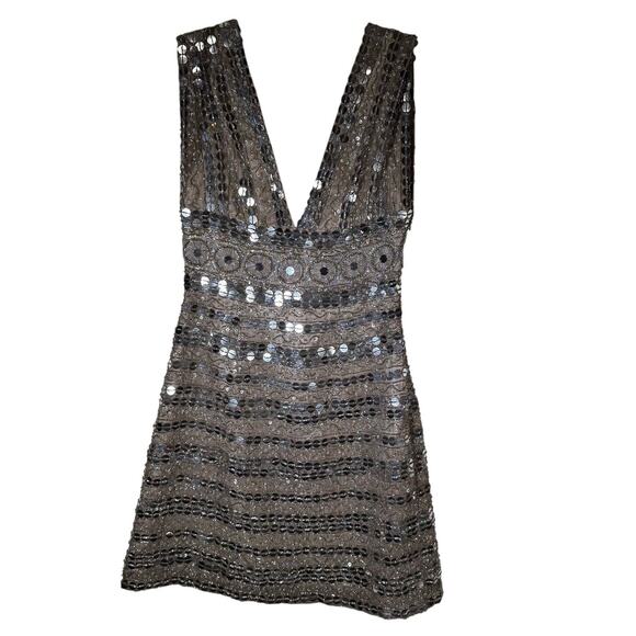 Scala Couture Sequin Beaded Mini Dress Women’s Silver V Neck Sleeveless Party 8 - Picture 2 of 16